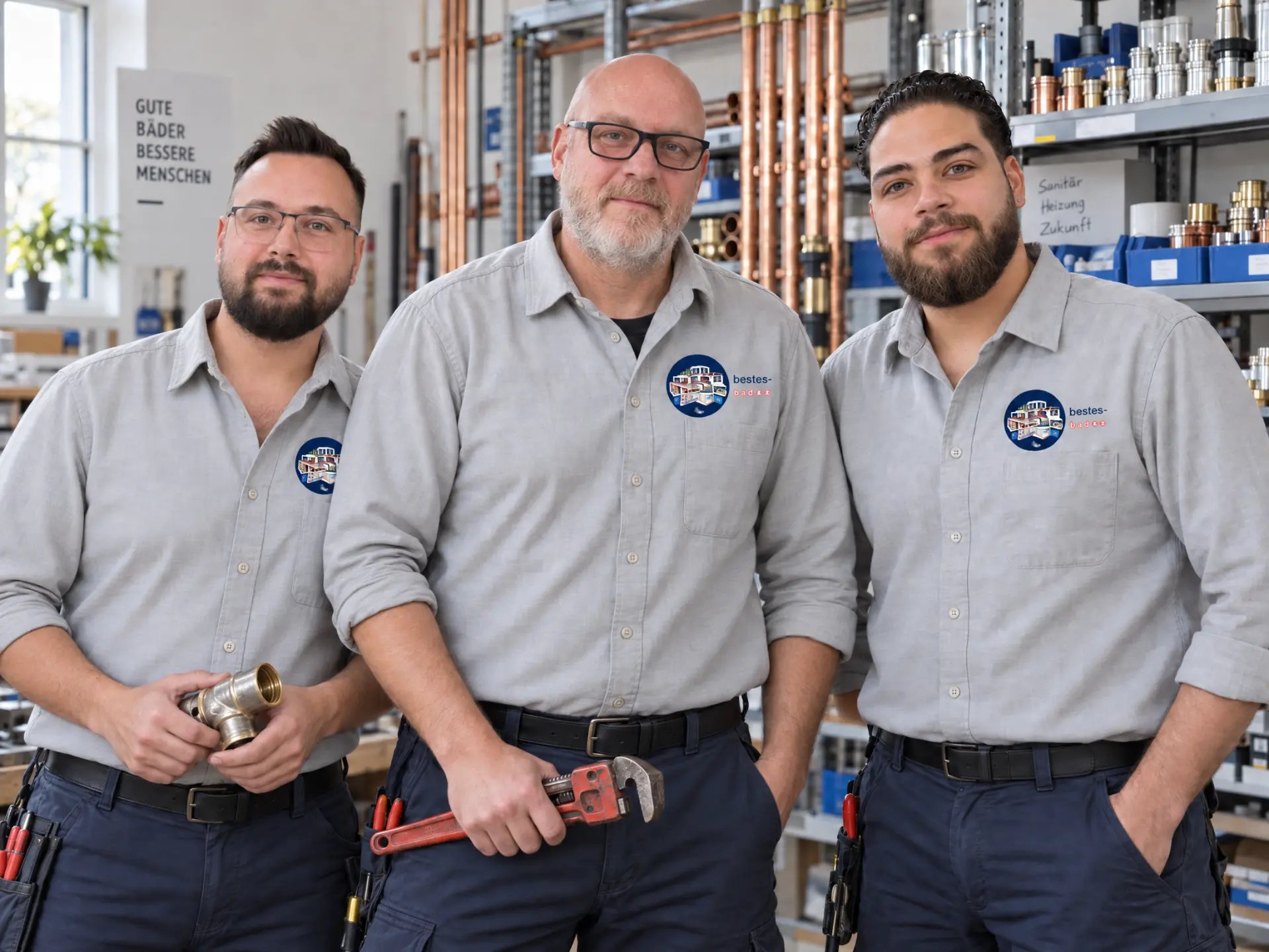 Drei Kolleginnen und Kollegen des Teams in hellen Arbeitshemden mit bestes-bad.de-Logo in der Werkstatt