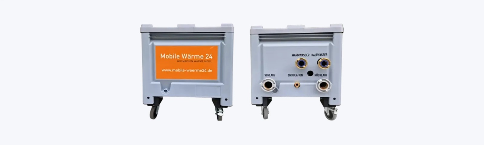 Vorder- und Rückansicht eines mobilen Warmwasserbereiters mit Wasseranschlüssen von Mobile Wärme 24
