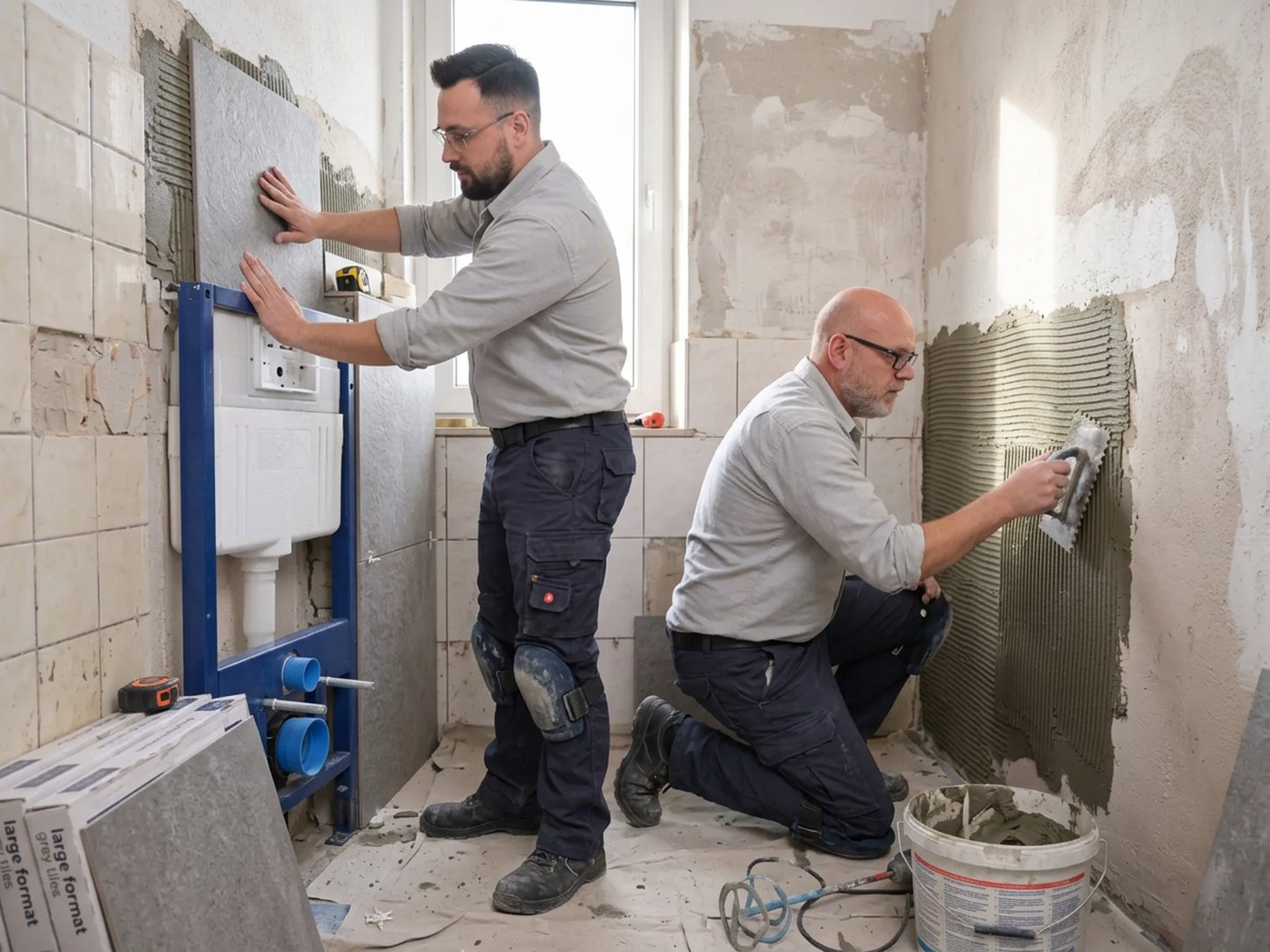Zwei Fachkräfte sanieren ein Bad: Fliesenkleber wird aufgezogen, daneben werden neue Großformatfliesen neben dem Vorwandelement gesetzt