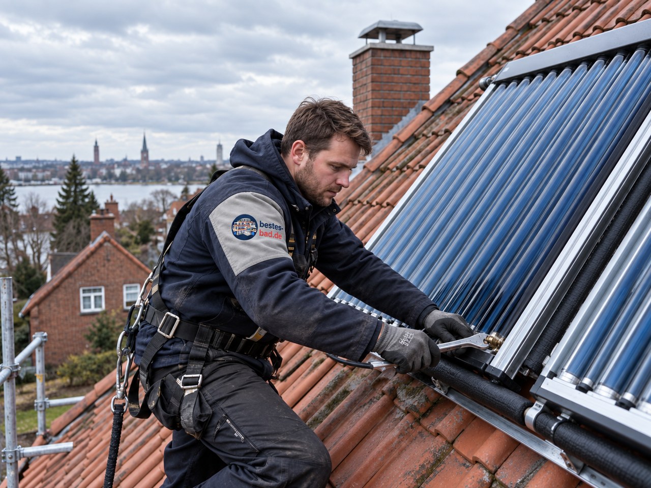Fachkraft montiert auf einem Ziegeldach einen Solarthermie-Kollektor, das Logo auf dem Ärmel