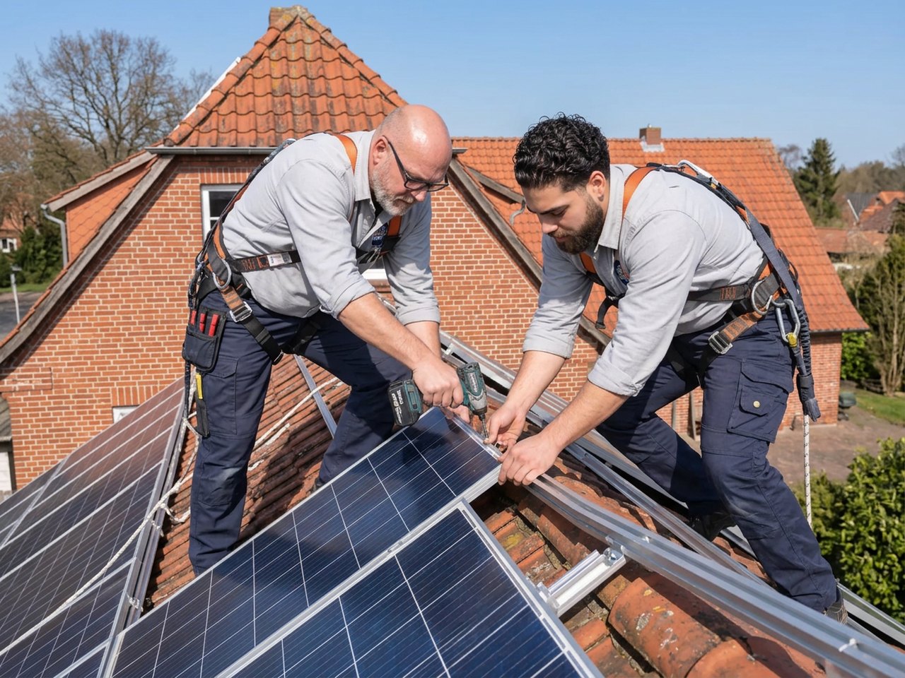 Zwei Fachkräfte mit Sicherungsgurten montieren Solarmodule auf einem Ziegeldach